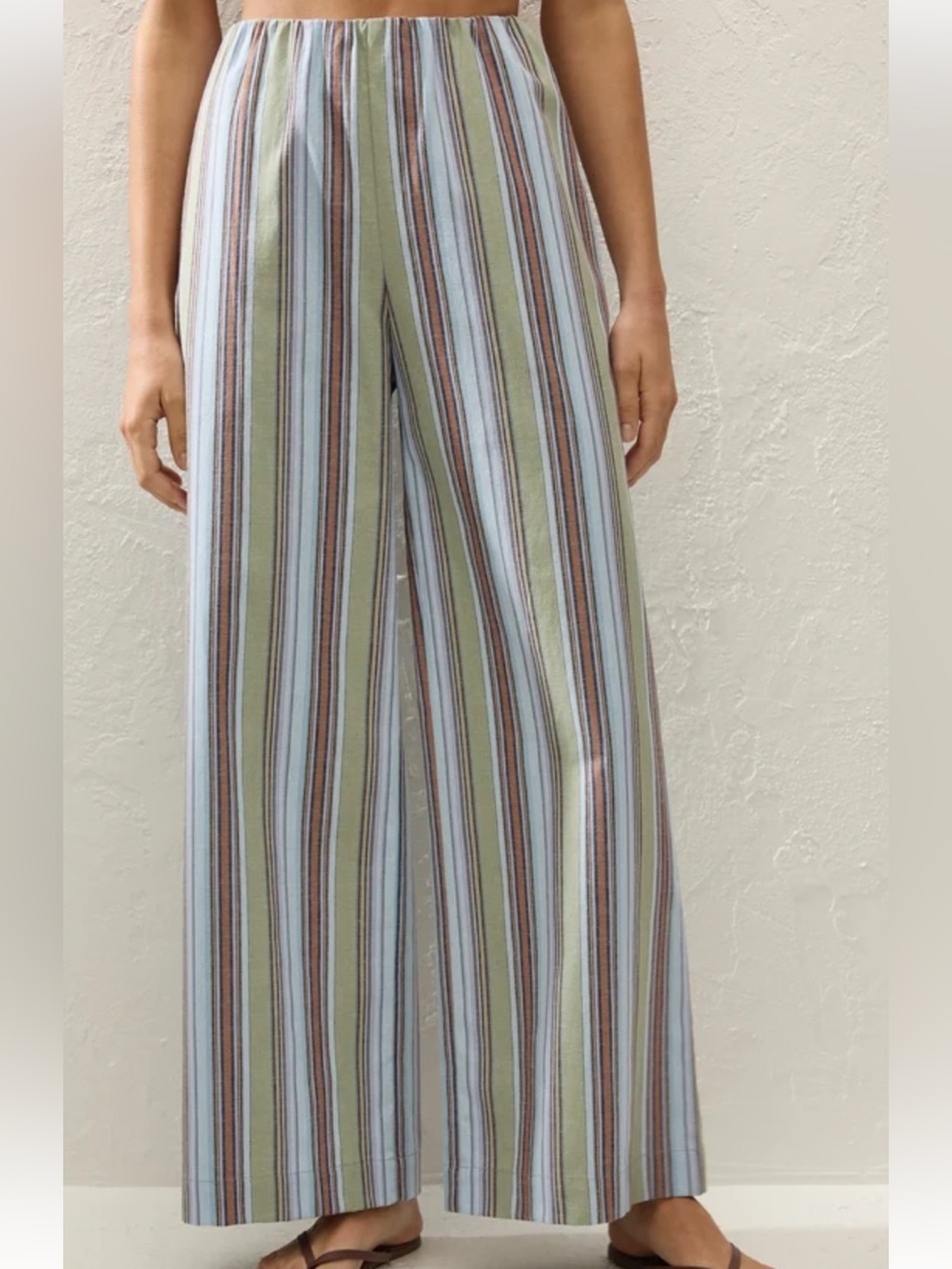 Faithful NWT Lane Pant Striped Wide-Leg in Aqua and Olive Cotton Linen Blend L